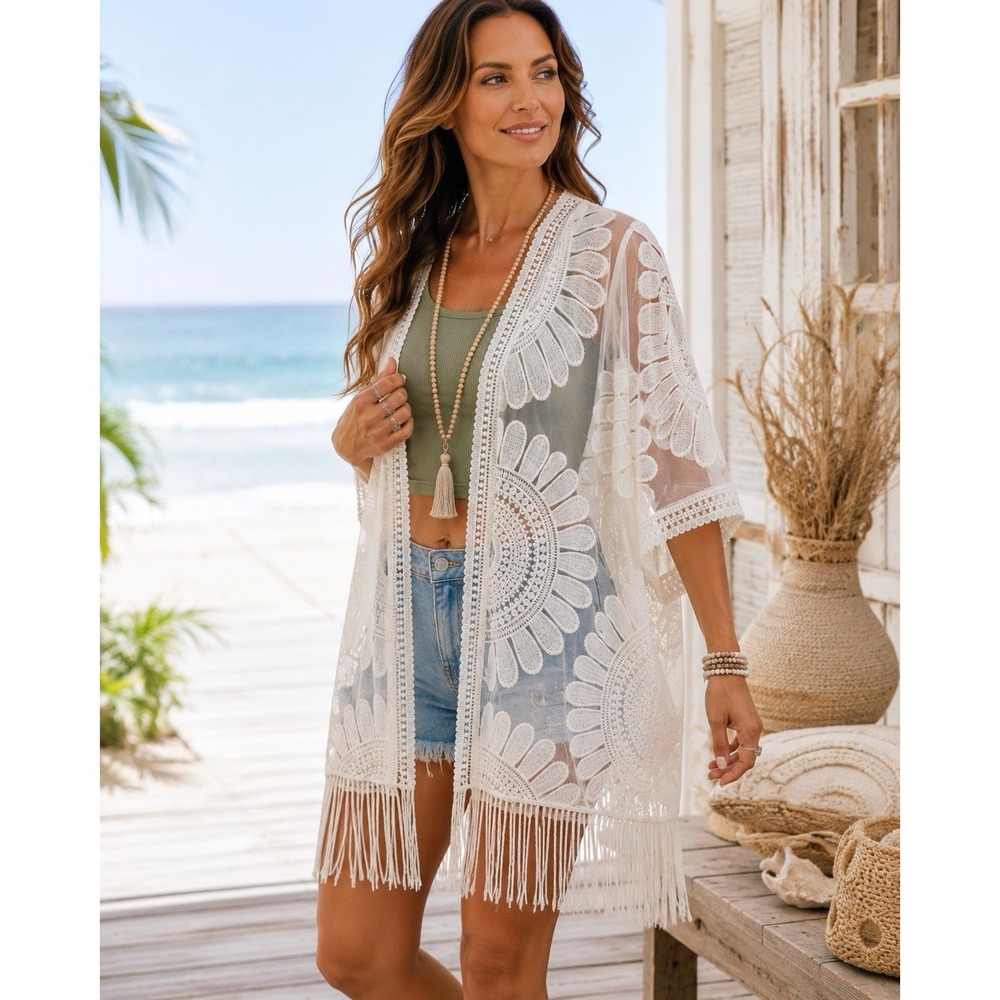 NWT Chico's Lace Cream Embroidered Fringe Open Sheer S/M Duster Kimono BB22